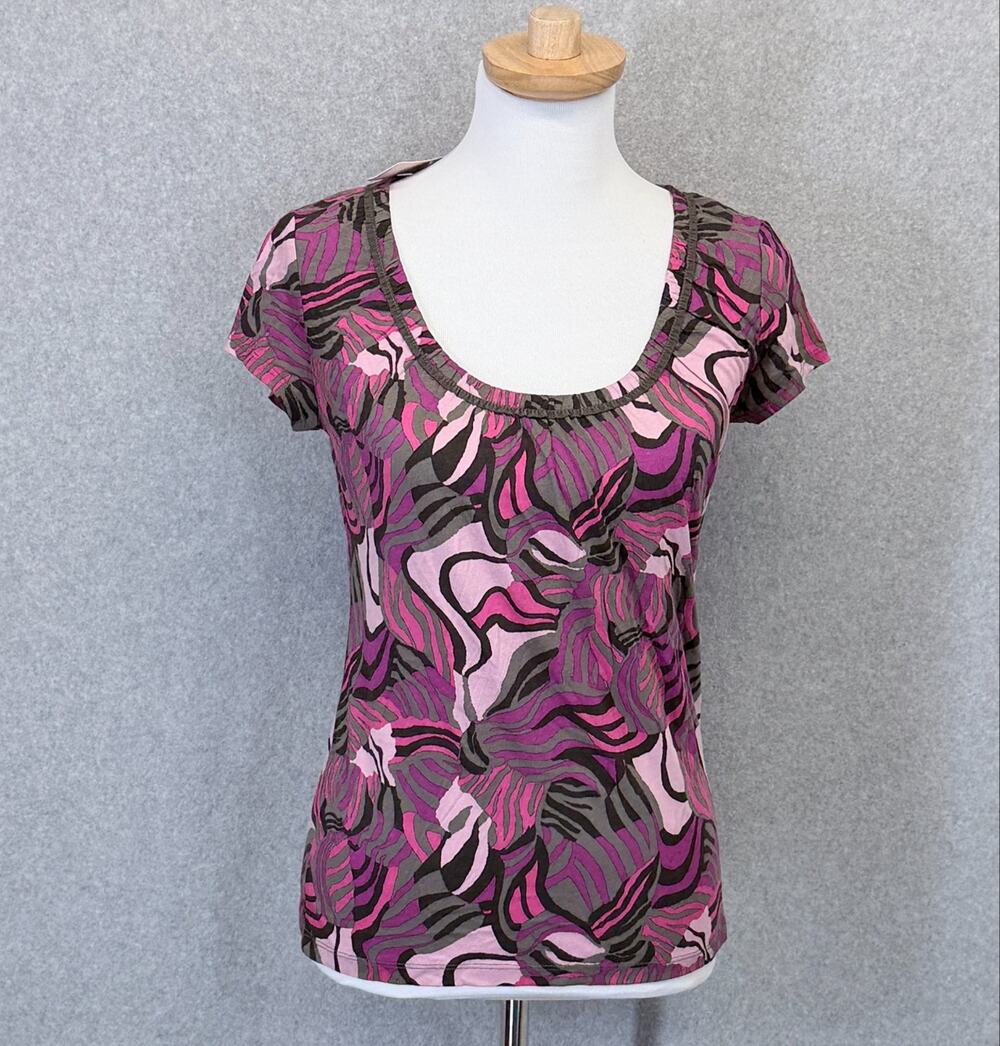 Ann Taylor Petite MP Pink Abstract Floral Scoop Neck Tee Cotton Modal NWT